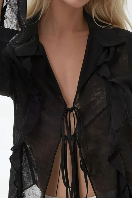 V-Ausschnitt Bluse mit Schleifen-Detail und Rüschen mit langen Ärmeln - Image 5