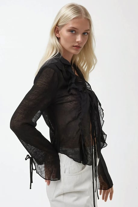 V-Ausschnitt Bluse mit Schleifen-Detail und Rüschen mit langen Ärmeln - Image 6