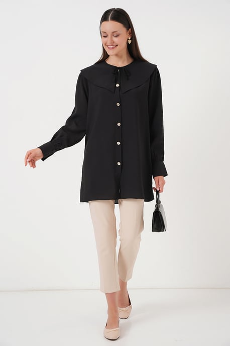 Langärmlige Lockere Bluse mit Babykragen und Schleifendetail - Image 2