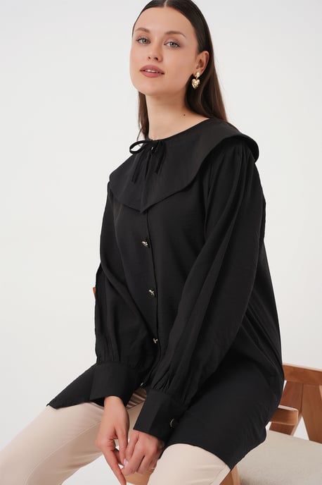 Langärmlige Lockere Bluse mit Babykragen und Schleifendetail - Image 3