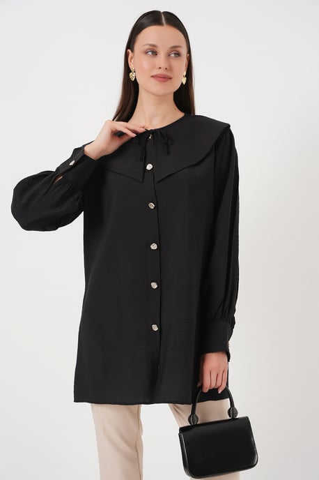 Langärmlige Lockere Bluse mit Babykragen und Schleifendetail - Image 4