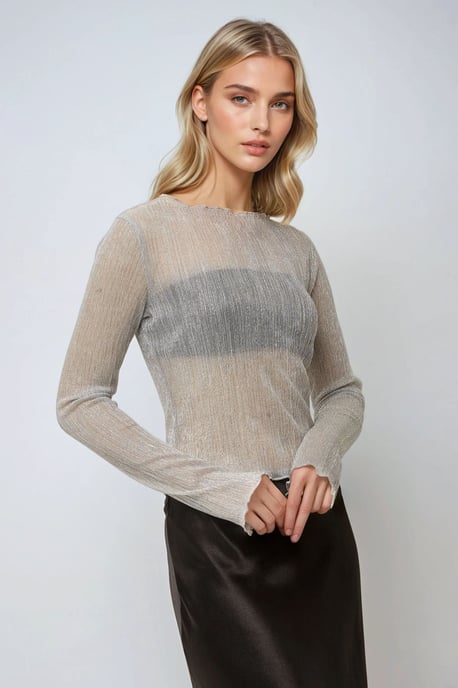 Strukturierte Glitzerfigurierte Bluse mit Rundhalsausschnitt - Image 1