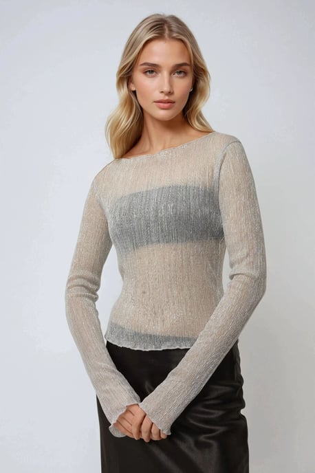 Strukturierte Glitzerfigurierte Bluse mit Rundhalsausschnitt - Image 2