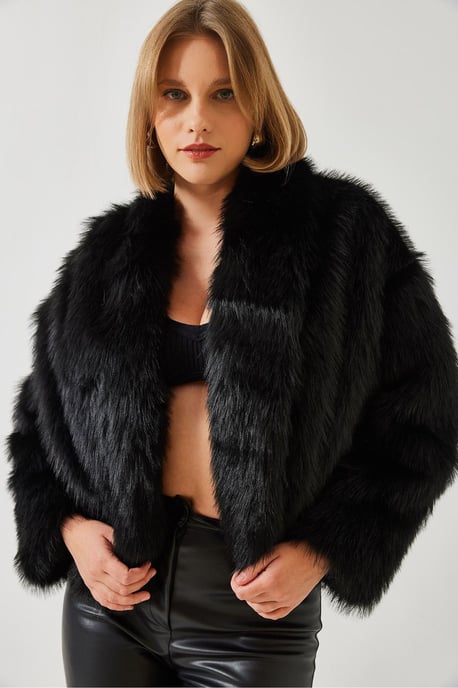 Faux-Fur Kürzer Offene Kragenjacke - Image 3
