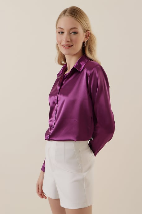 Satin Langarm Knopfleiste Hemd - Image 3