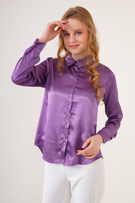 Satin Langarmhemd mit Knopfleiste - Image 3