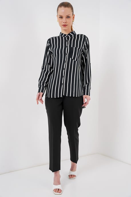 Gestreiftes Button-Down Langarmhemd mit Tasche - Image 2