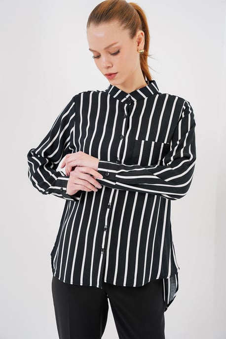 Gestreiftes Button-Down Langarmhemd mit Tasche - Image 3