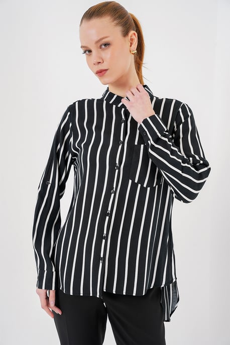 Gestreiftes Button-Down Langarmhemd mit Tasche - Image 4