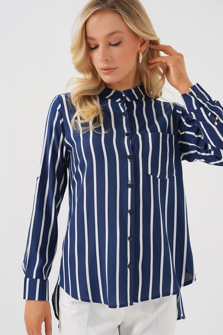 Gestreiftes Button-Down Langarmshirt mit Tasche - Image 1