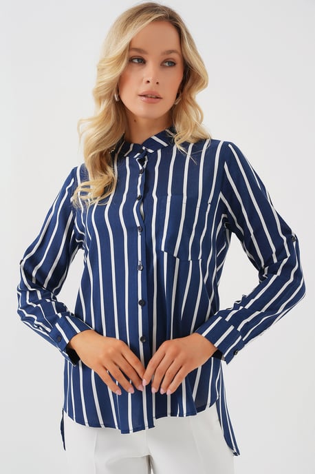 Gestreiftes Button-Down Langarmshirt mit Tasche - Image 3