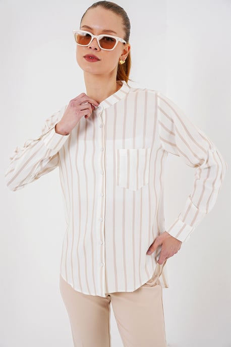 Gestreiftes Button-Down Langarmshirt mit Tasche - Image 3