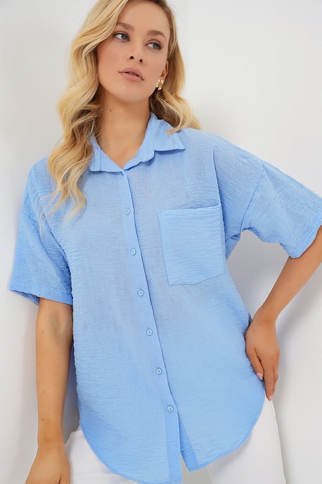 Lockere Passform Leinen-Mischung Button-Up Hemd mit Tasche - Image 1