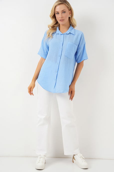 Lockere Passform Leinen-Mischung Button-Up Hemd mit Tasche - Image 2