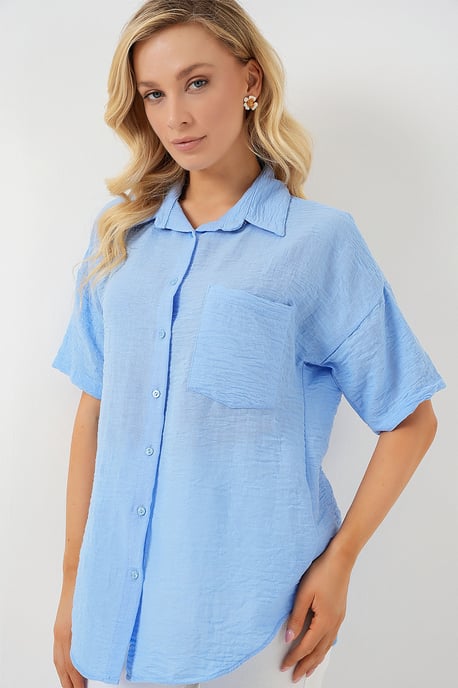 Lockere Passform Leinen-Mischung Button-Up Hemd mit Tasche - Image 3