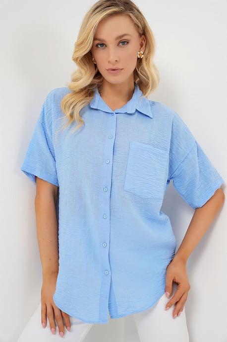 Lockere Passform Leinen-Mischung Button-Up Hemd mit Tasche - Image 4