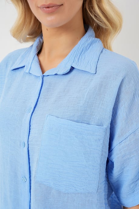 Lockere Passform Leinen-Mischung Button-Up Hemd mit Tasche - Image 5