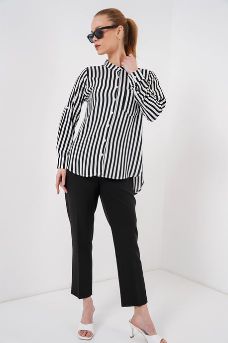 Gestreiftes Button-Down Langarmshirt mit Tasche - Image 2