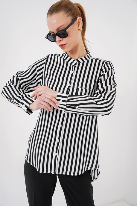 Gestreiftes Button-Down Langarmshirt mit Tasche - Image 3