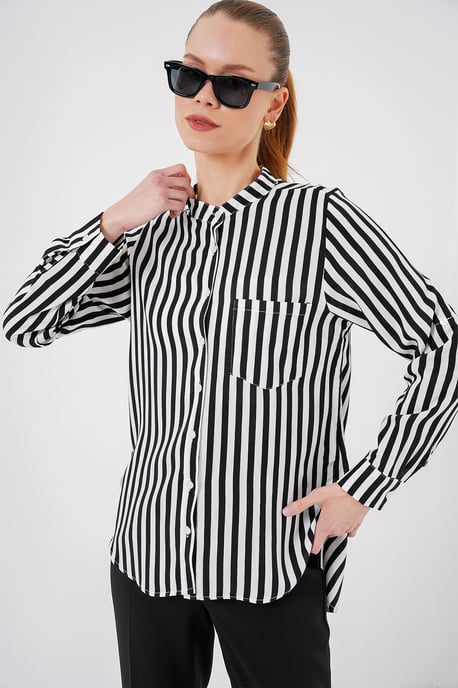 Gestreiftes Button-Down Langarmshirt mit Tasche - Image 4