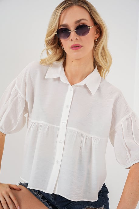 Lockere, kurz geschnittene Button-Down-Bluse mit Kragen - Image 1