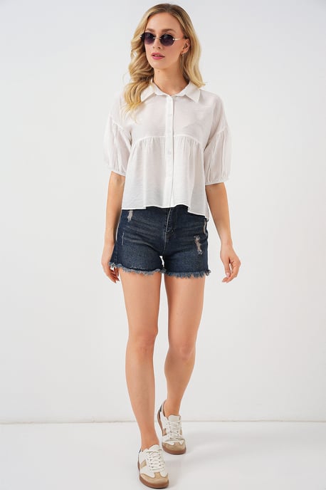 Lockere, kurz geschnittene Button-Down-Bluse mit Kragen - Image 2
