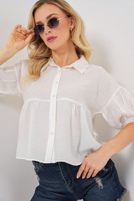Lockere, kurz geschnittene Button-Down-Bluse mit Kragen - Image 4