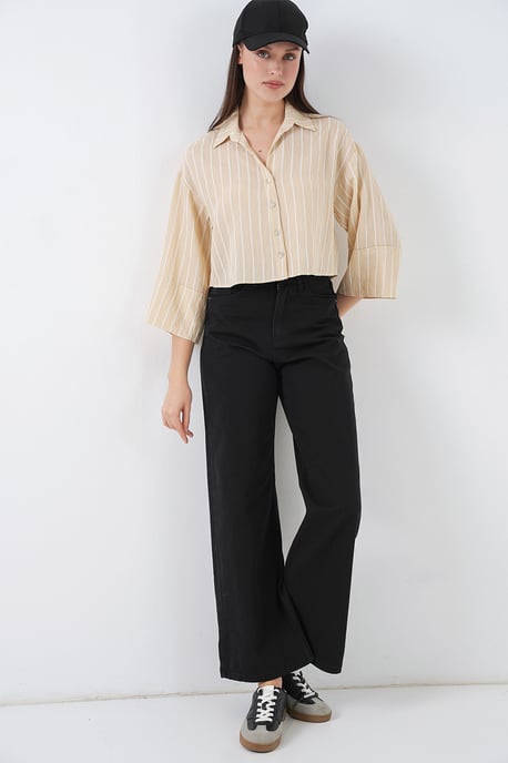 Übergroßes gestreiftes cropped Shirt mit Knopfverschluss - Image 2