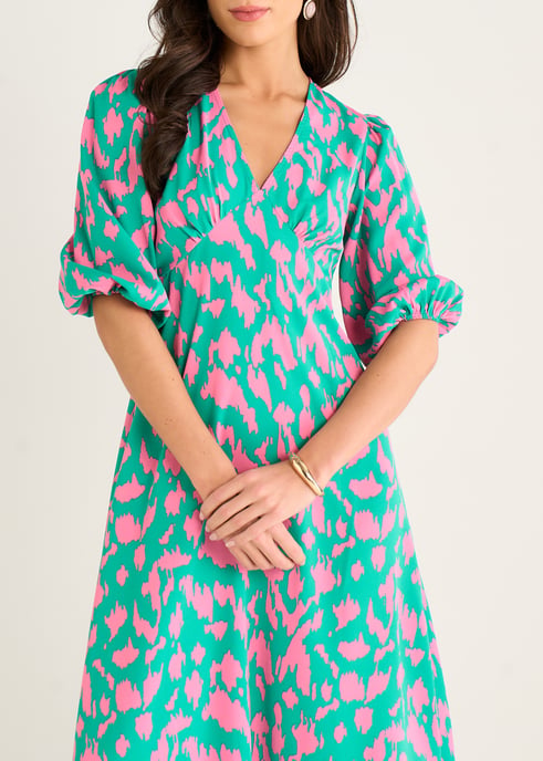 Grünes Midikleid im V-Ausschnitt mit Tierprint - Image 2