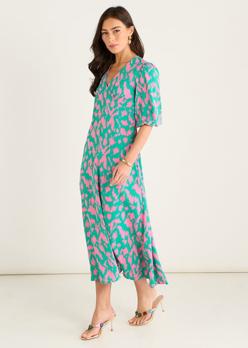 Grünes Midikleid im V-Ausschnitt mit Tierprint - Image 3