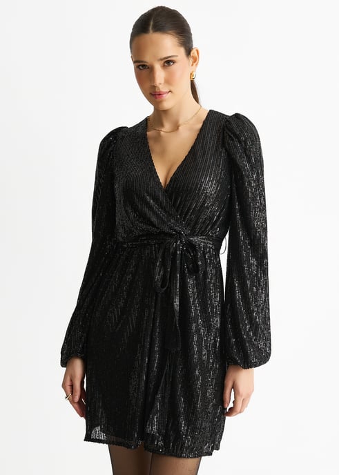 Schwarzes Minikleid mit V-Ausschnitt, Pailletten und Gürtel - Image 2