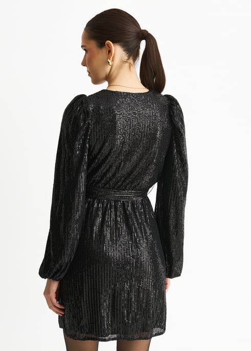 Schwarzes Minikleid mit V-Ausschnitt, Pailletten und Gürtel - Image 4