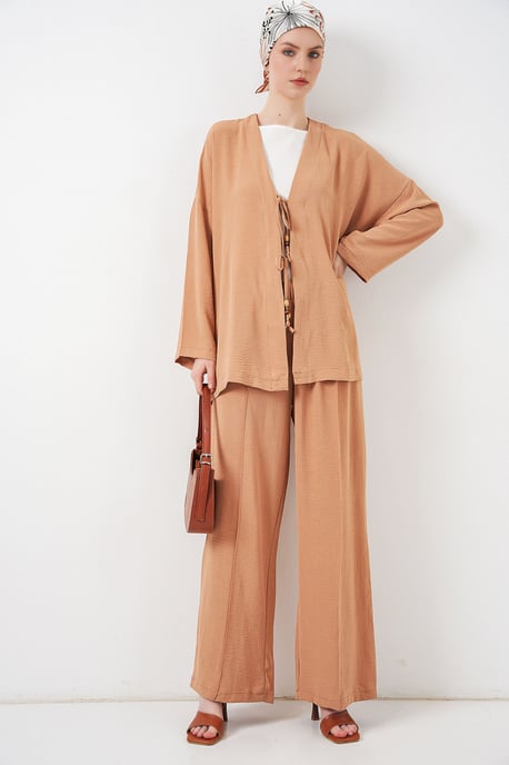 Strukturiertes V-Ausschnitt Langarm-Cardigan- und Hosen-Set - Image 3