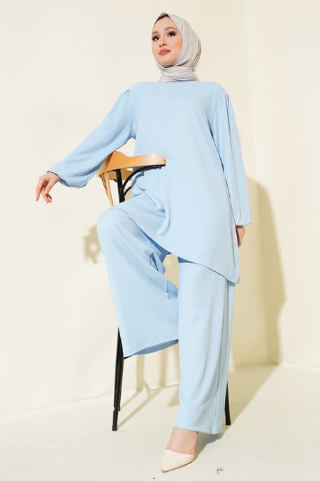 Texturierte Langarm-Tunika und weite Hose Set - Image 3