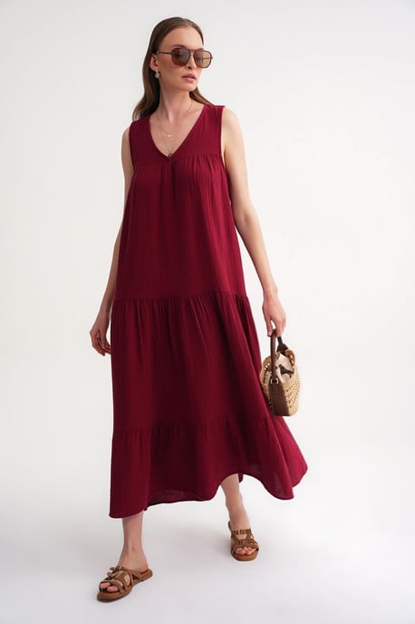Ärmelloses V-Ausschnitt Musselin-Midikleid mit Taschen - Image 1