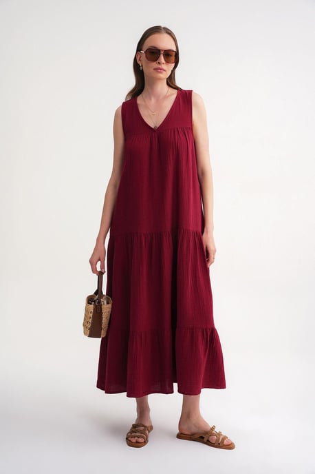 Ärmelloses V-Ausschnitt Musselin-Midikleid mit Taschen - Image 2