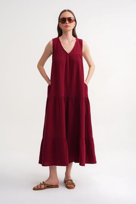 Ärmelloses V-Ausschnitt Musselin-Midikleid mit Taschen - Image 3
