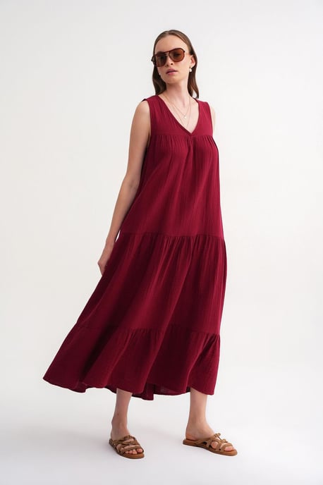 Ärmelloses V-Ausschnitt Musselin-Midikleid mit Taschen - Image 5