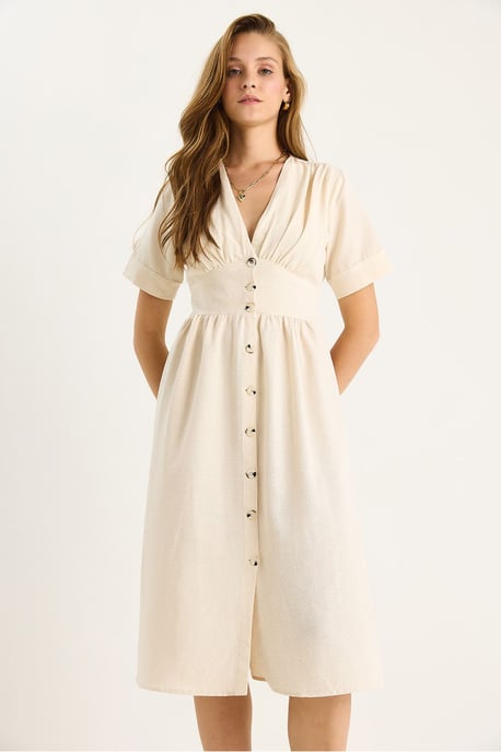 V-Ausschnitt Midi-Hemd-Kleid mit Knöpfen - Image 6