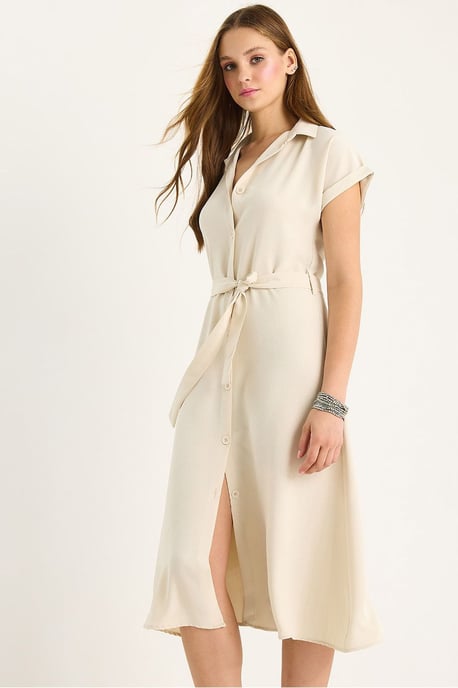V-Ausschnitt Midi-Kleid mit Knopfverschluss und Bindung Detail - Image 1