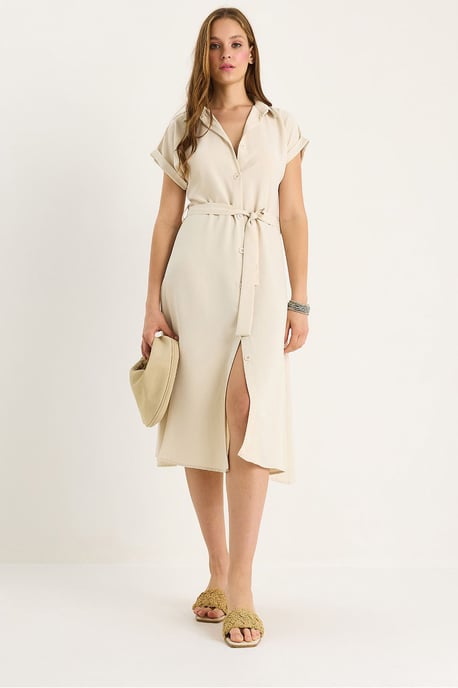 V-Ausschnitt Midi-Kleid mit Knopfverschluss und Bindung Detail - Image 2