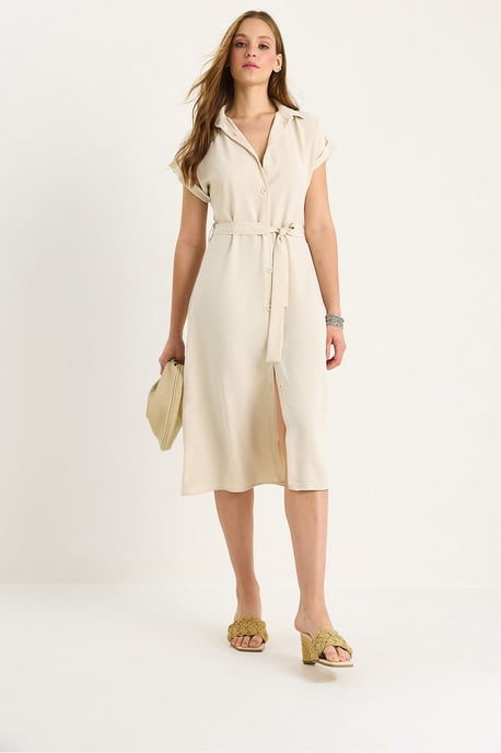 V-Ausschnitt Midi-Kleid mit Knopfverschluss und Bindung Detail - Image 4