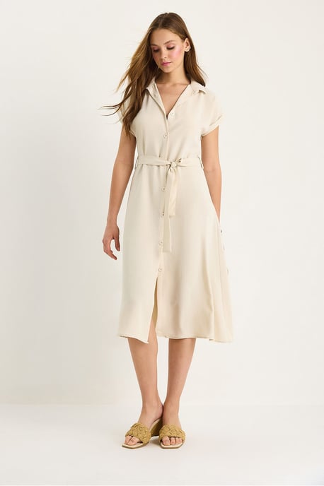 V-Ausschnitt Midi-Kleid mit Knopfverschluss und Bindung Detail - Image 5