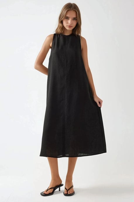 Leinen-Optik ärmelloses Midikleid mit Rundhalsausschnitt - Image 2