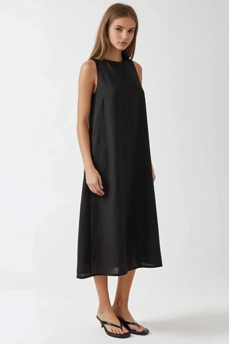 Leinen-Optik ärmelloses Midikleid mit Rundhalsausschnitt - Image 3