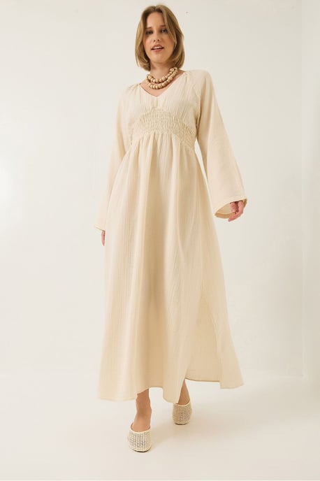 Texturiertes V-Ausschnitt-Midikleid mit gerafftem Taillenbereich - Image 3
