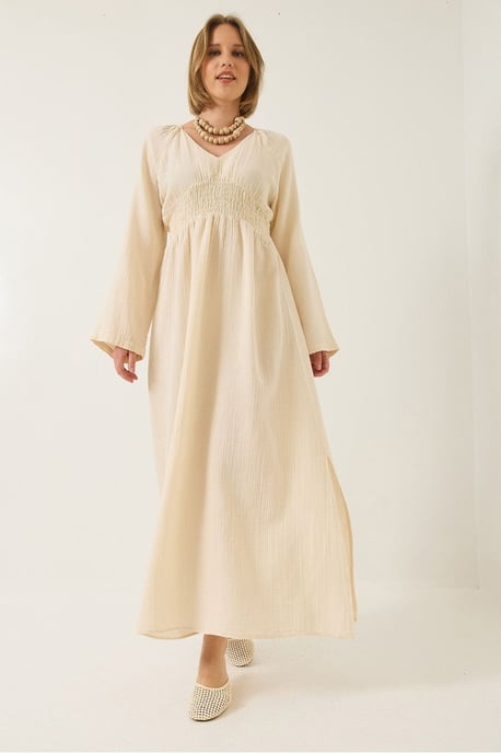 Texturiertes V-Ausschnitt-Midikleid mit gerafftem Taillenbereich - Image 4