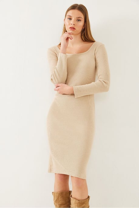 Strukturiertes Ripp-Midi-Kleid mit viereckigem Kragen - Image 3