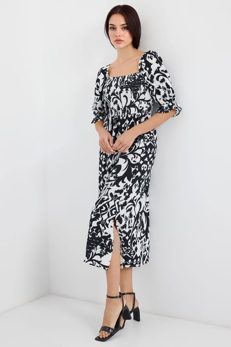 Blumen-Midi-Kleid mit quadratischem Kragen und Schlitz - Image 1