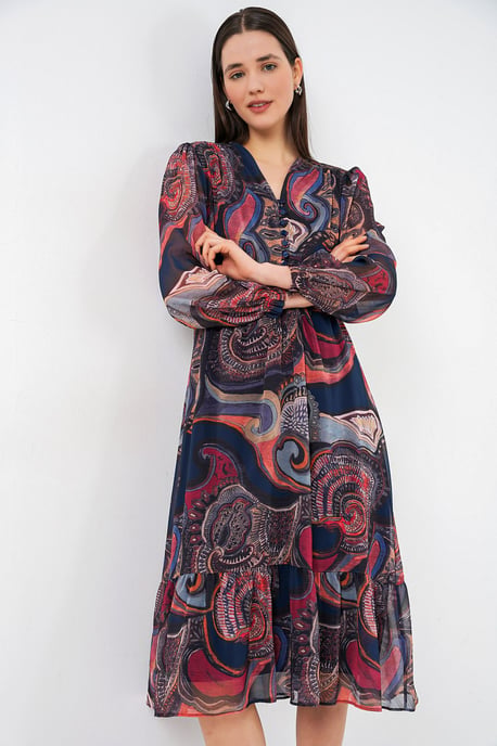 V-Ausschnitt Midi-Kleid mit Knopfverschluss - Image 1